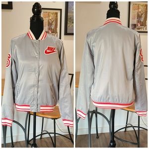 NWOT'S! NIKE -Retro Baseball/Bomber Jacket- Silver/Red - Women's size Large